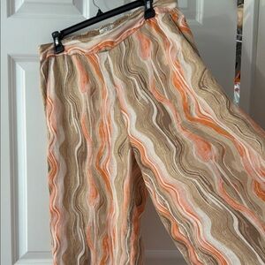 Rachel Zoe Beige Cream and Orange Wave-Print linen Capris